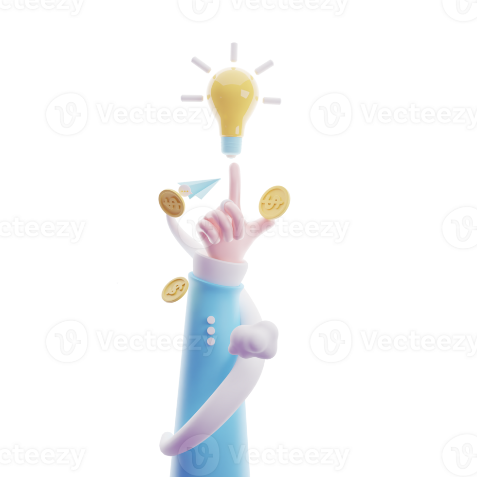 hand pointing to light bulb. Employee with genius business idea. Planning strategies and concept solutions. Success at work. Cartoon creative design icon. 3D illustration png