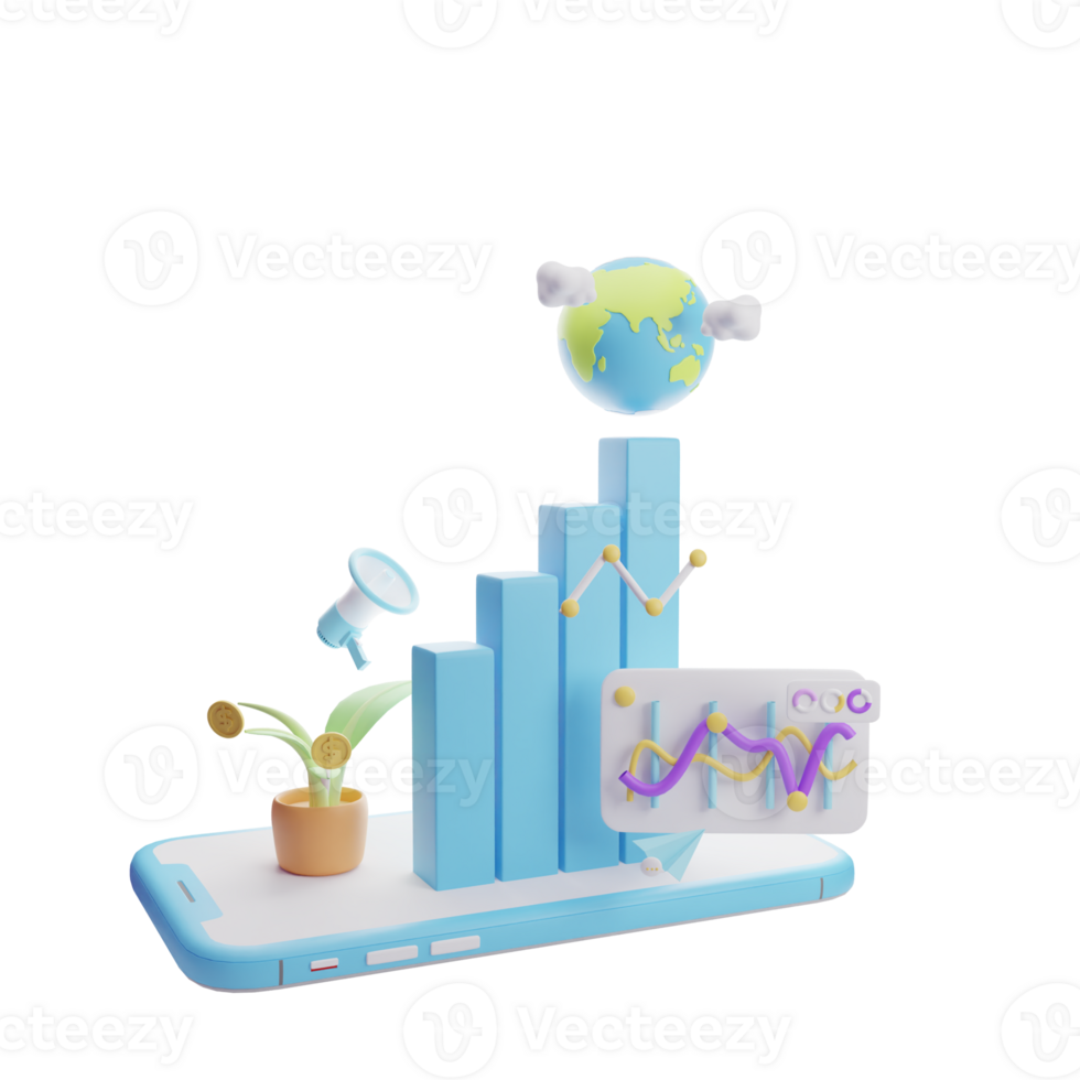 Dashboard analysis with globe chart graph on smartphone screen, illustration of global business graphic growth statistics, 3D icon. png