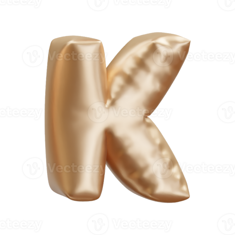 Gold letter alphabet balloon, gold balloon letter K. 3D rendering png