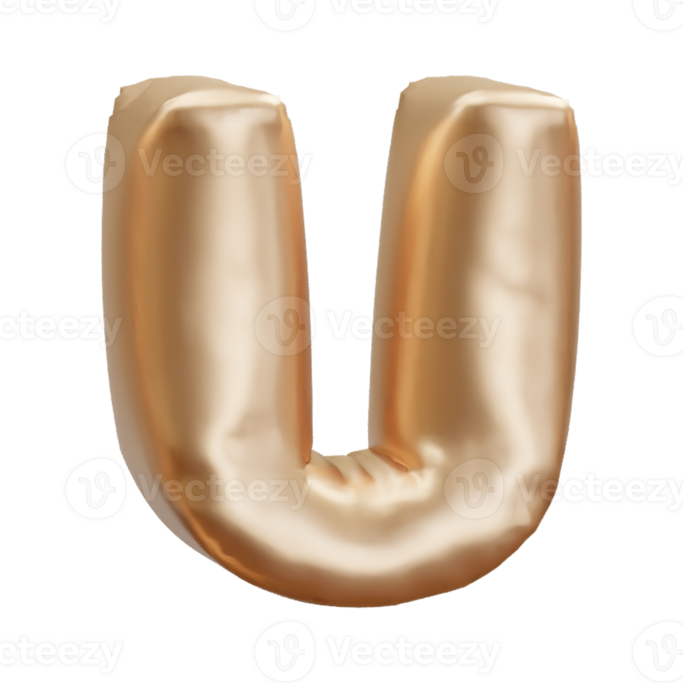 Gold letter alphabet balloon, gold balloon letter U. 3D rendering png