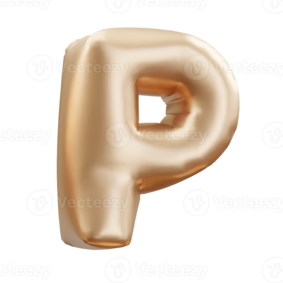 Gold letter alphabet balloon, gold balloon letter P. 3D rendering png