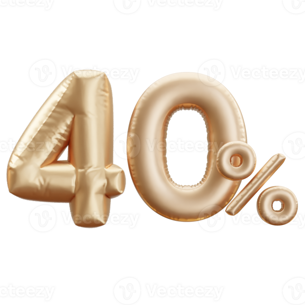 Discount Sale Promotion made of golden helium balloon 3d realistic figure. Illustration of golden balloon collection 40 percent off your unique sale poster, banner ad. png