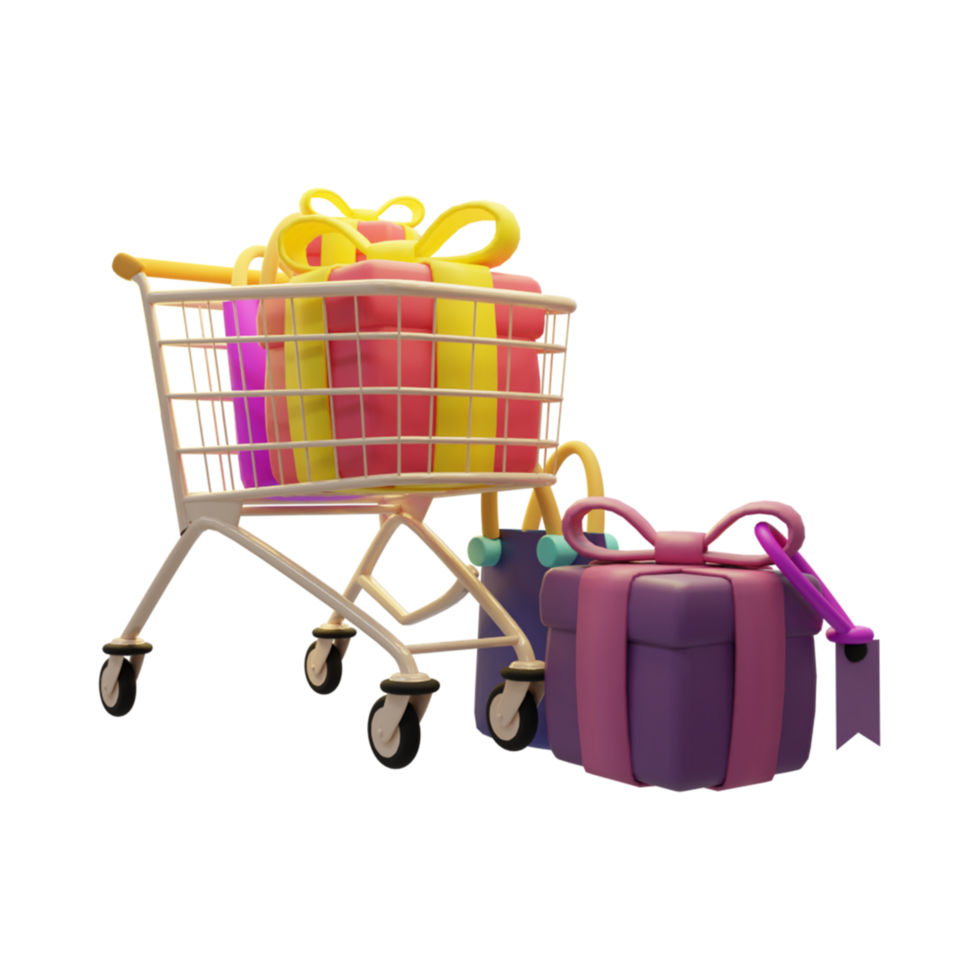 shopping cart , 3d Trolley with gift box illustration. 3d rendering png