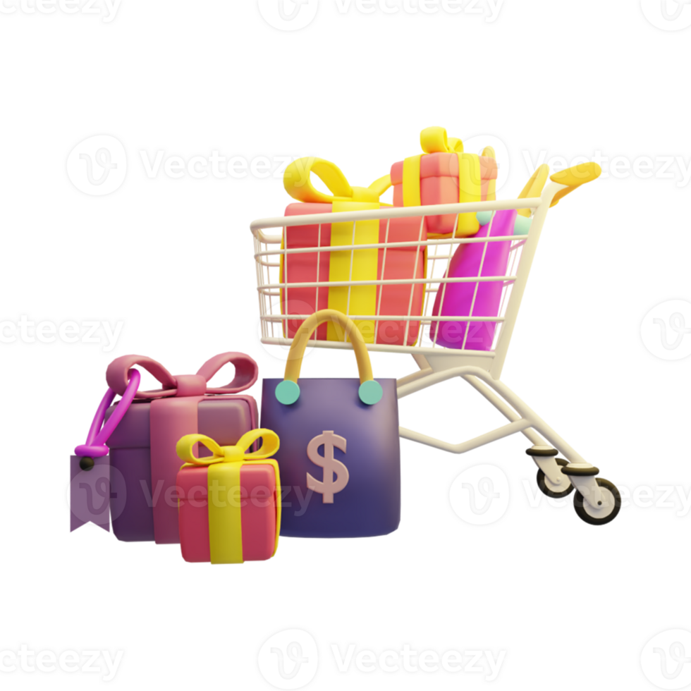 shopping cart , 3d Trolley with gift box illustration. 3d rendering png