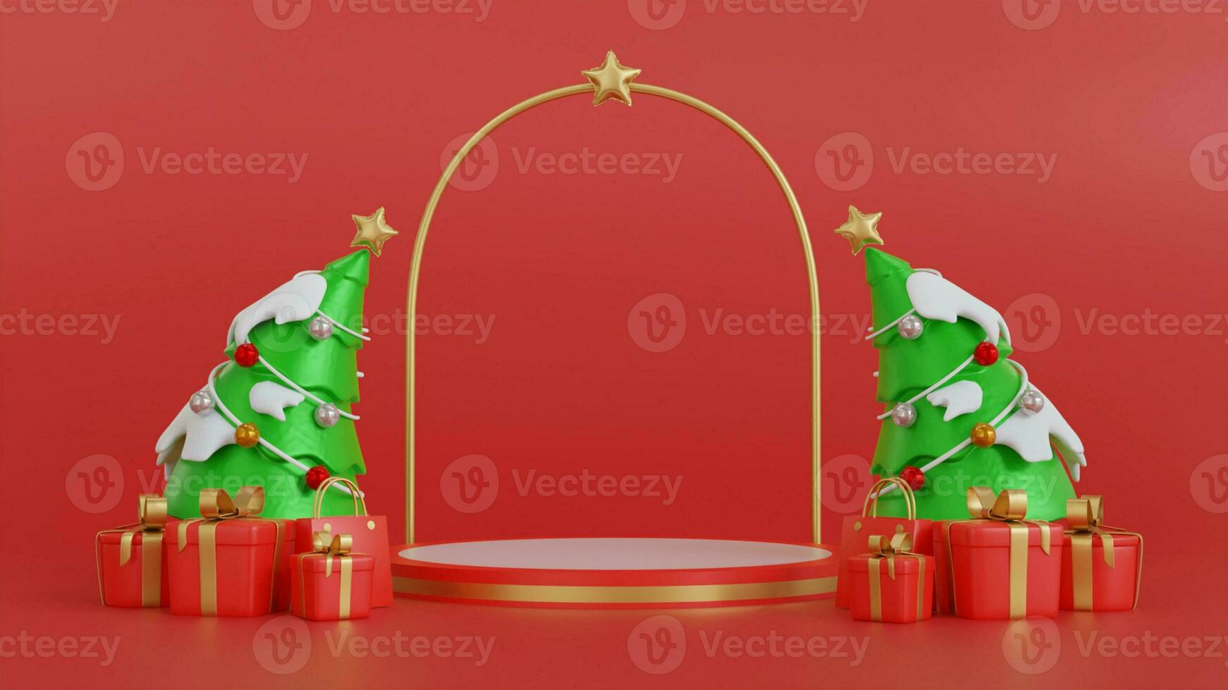 Christmas banner with product display. white empty podium with gift box, santa claus on red background. 3d rendering photo