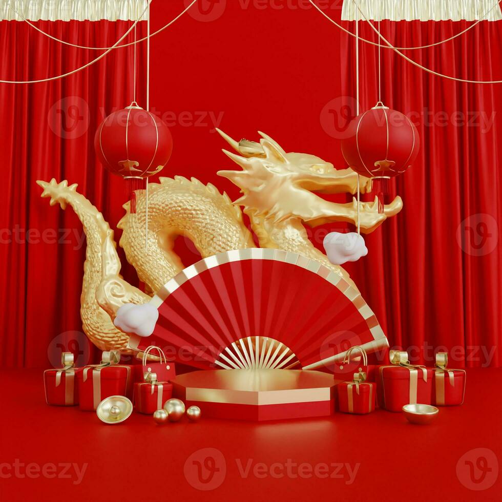 Chinese New Year style red and podium product showcase with gold and gift, lantern, China pattern scene background.  tiger year Holiday traditional festival concept. 3D rendering photo