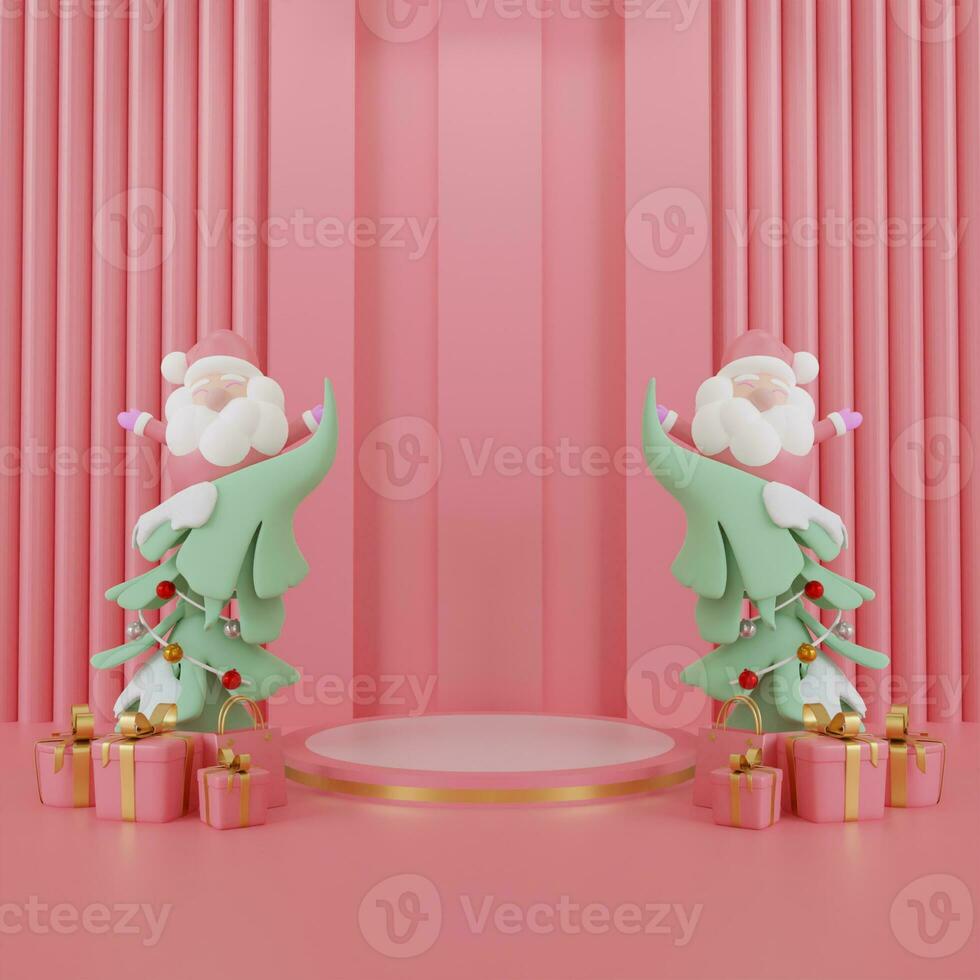 Christmas banner with product display. white empty podium with gift box, santa claus on pink background. 3d rendering photo