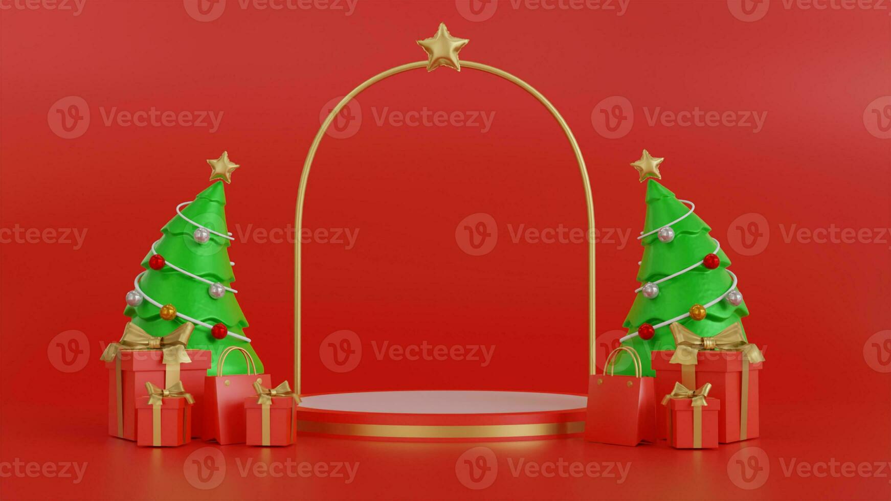 Christmas banner with product display. white empty podium with gift box, santa claus on red background. 3d rendering photo