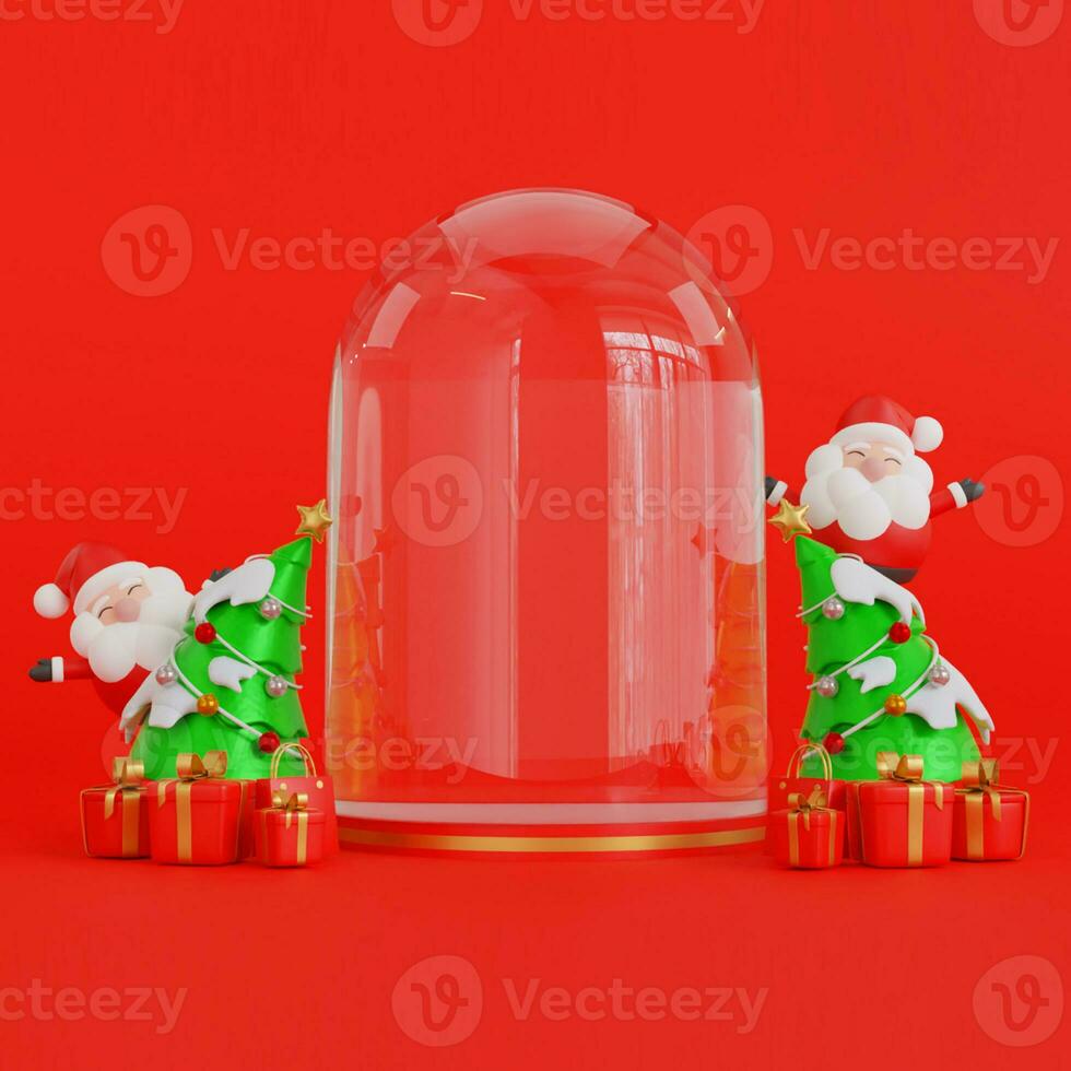 Christmas banner with product display. Red empty podium with gift box, santa claus. 3d rendering photo