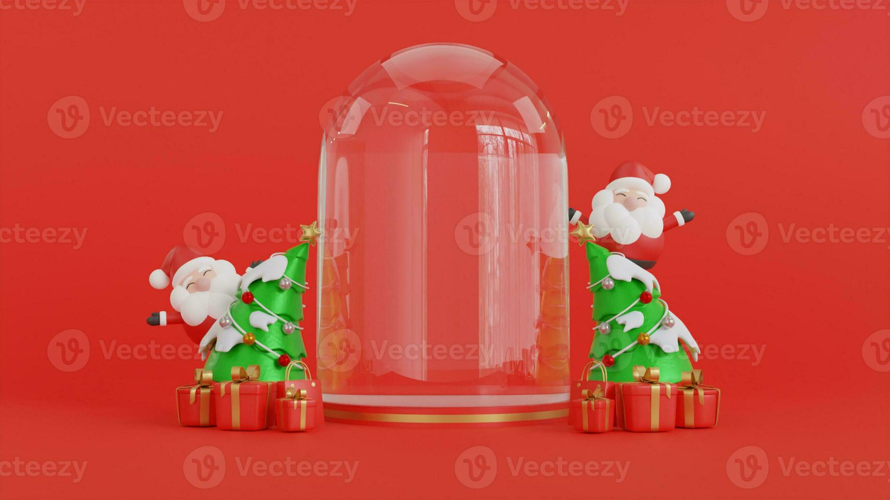 Christmas banner with product display. Red empty podium with gift box, santa claus. 3d rendering photo