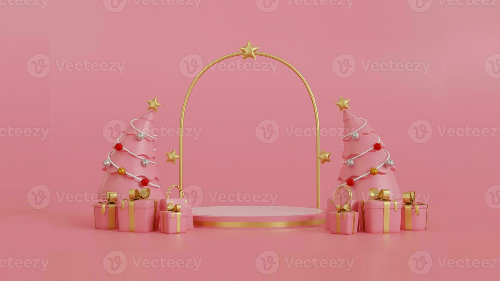 Christmas greeting card banner with product display. white empty podium with gift box, on pink background. 3d rendering photo