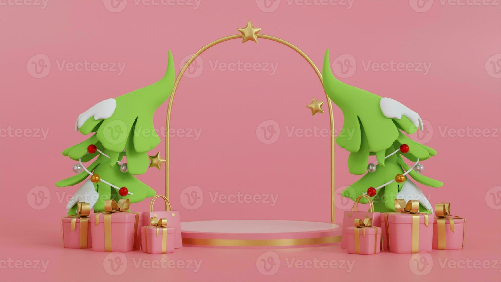 Christmas greeting card banner with product display. white empty podium with gift box, on pink background. 3d rendering photo
