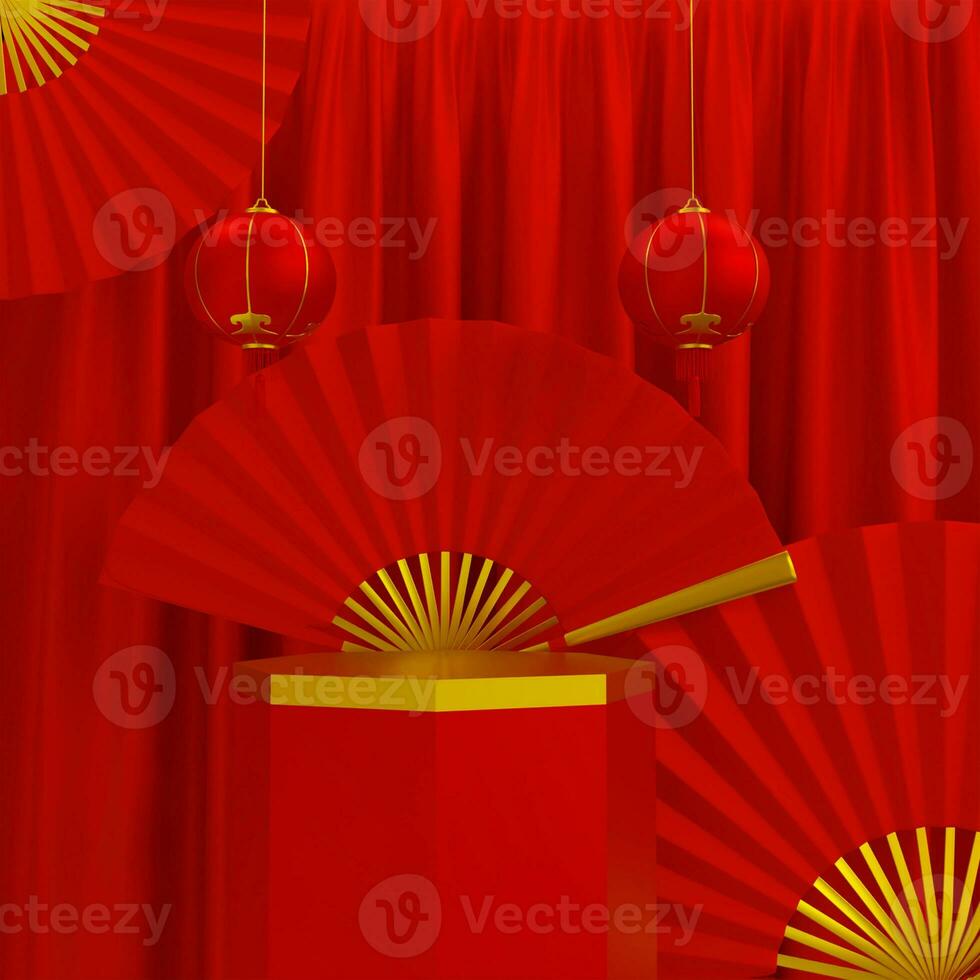 happy chinese new year, empty podium with gift box and decoration curtain , lantern, concept for year of the rabbit,lunar, bunny, stage chinese new year on red background. 3d rendering photo