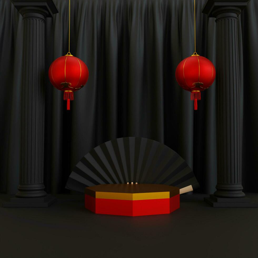 happy chinese new year, empty podium with gift box and decoration curtain , lantern, concept for year of the rabbit,lunar, bunny, stage chinese new year on red background. 3d rendering photo
