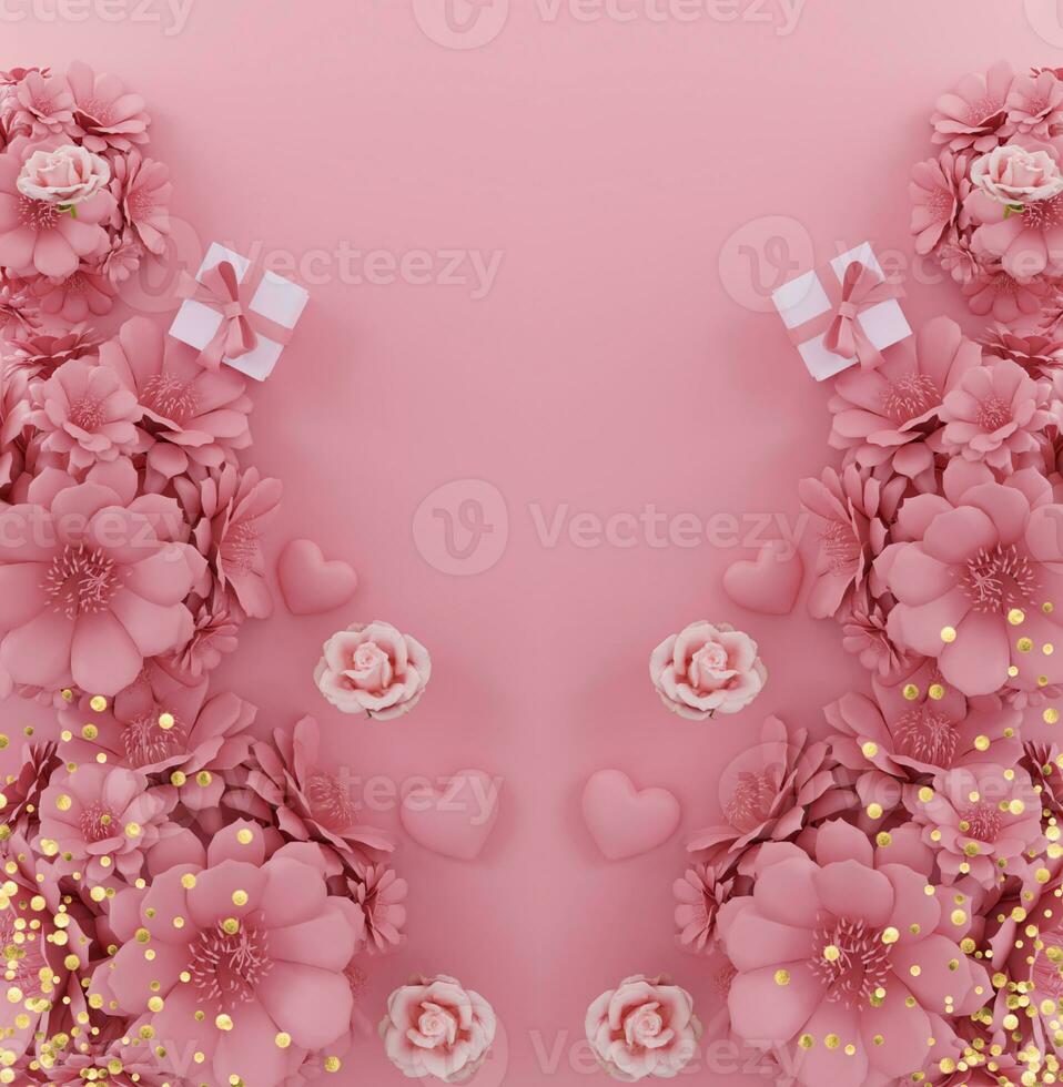 Paper cut art. Wedding invitation. Also great for greeting cards, St. Valentine's Day and more. Tropical palm leaves, plants, flowers. Exotic. Hawaiian. Space for text. 3d rendering photo