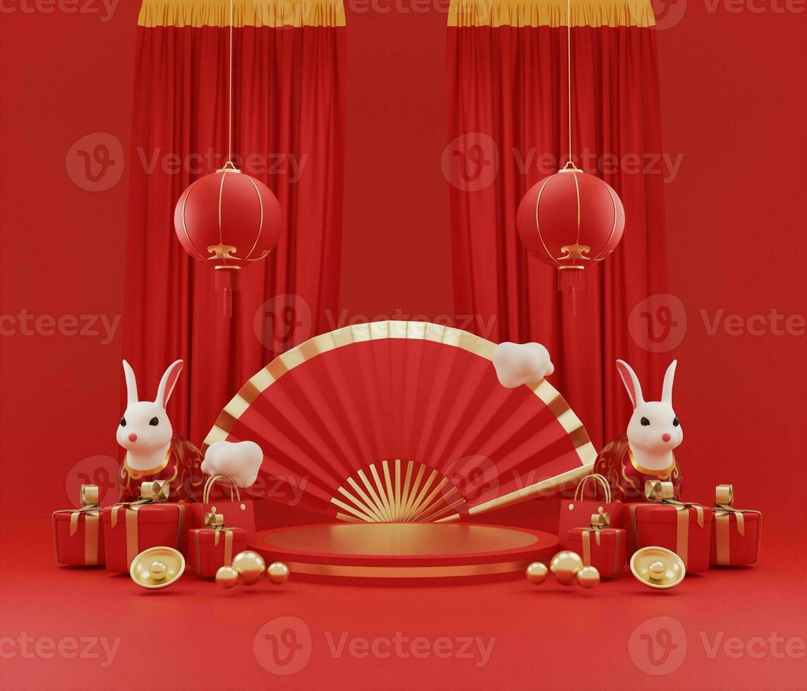 happy chinese new year, empty podium with gift box and decoration curtain , lantern, concept for year of the rabbit,lunar, bunny, stage chinese new year on red background. 3d rendering photo