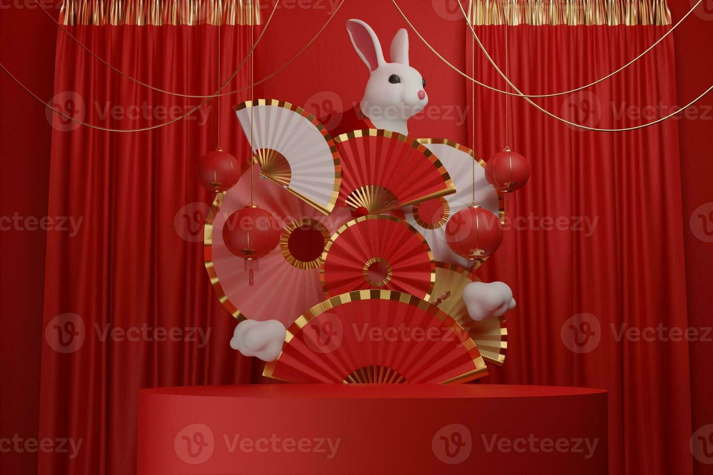 happy chinese new year, empty podium with gift box and decoration curtain , lantern, concept for year of the rabbit,lunar, bunny, stage chinese new year on red background. 3d rendering photo