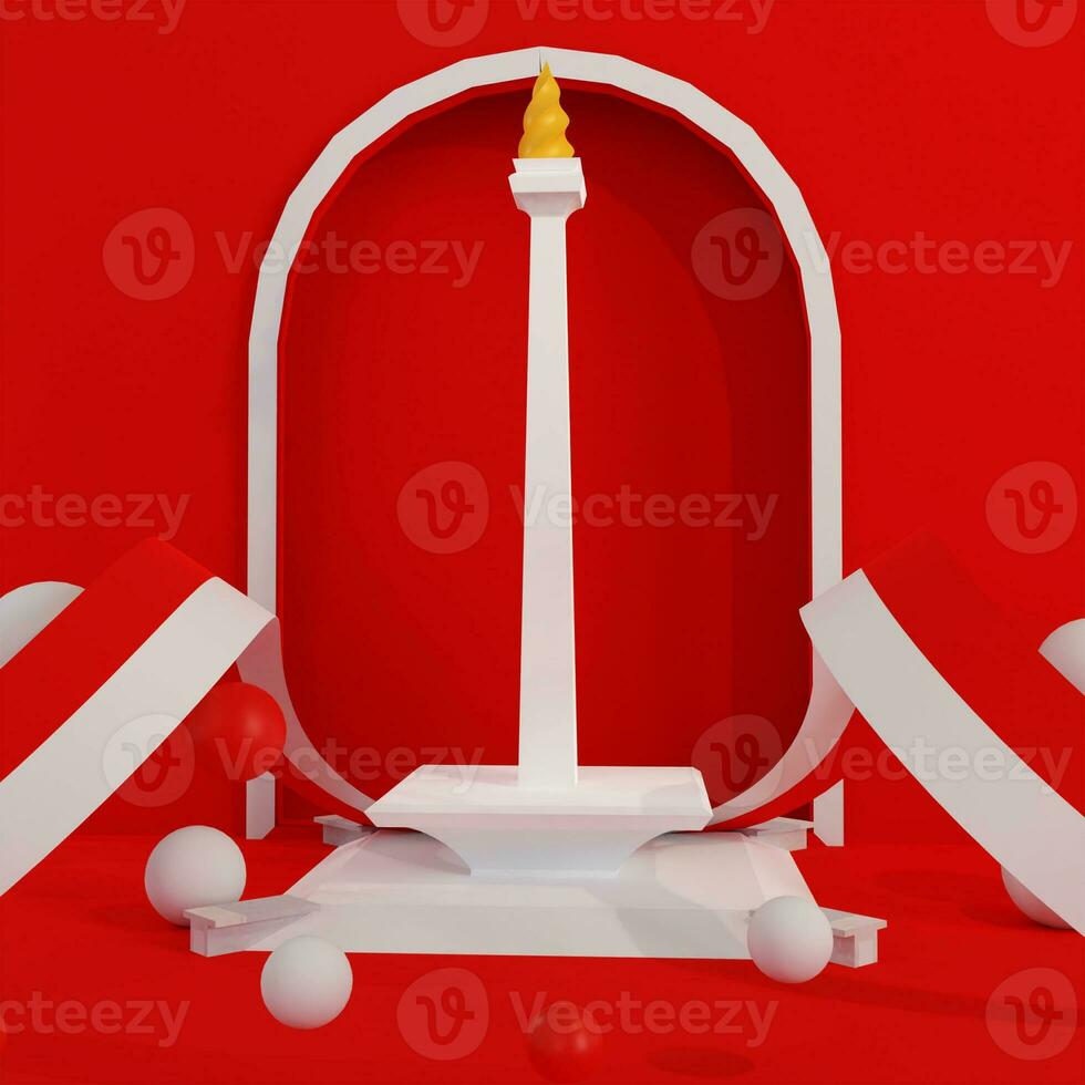 Indonesian Independence Day background greeting card. empty podium with ribbon flags and gift boxes. 3D rendering photo