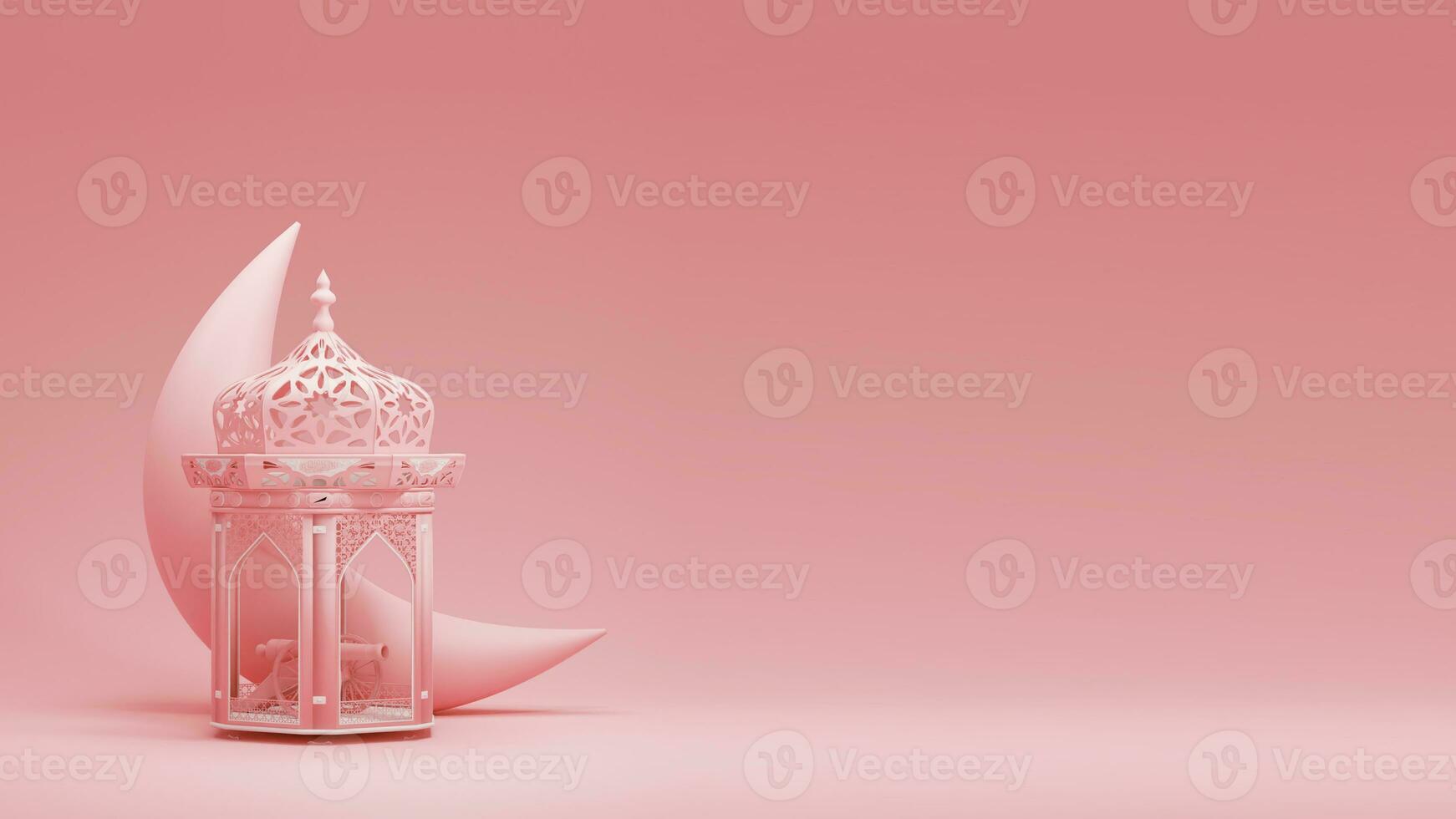 islamic greetings ramadan kareem card design template with beautiful cute lantern on pink background. 3d rendering photo