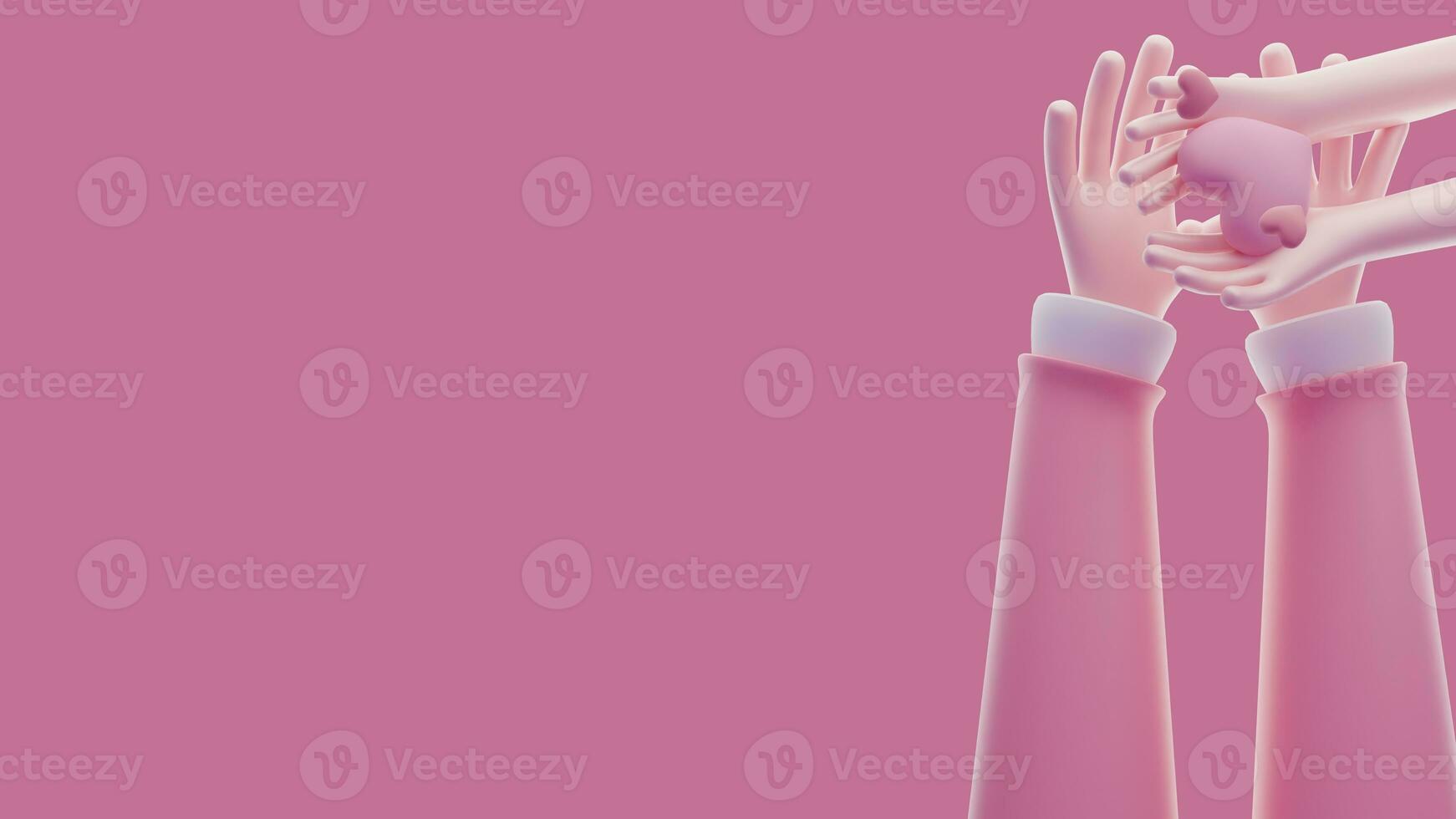 saludo tarjeta, ilustración mano dando amor corazón en rosado pastel fondo, concepto para de la madre día, padre' día, mujer día, caridad, familia. 3d representación foto