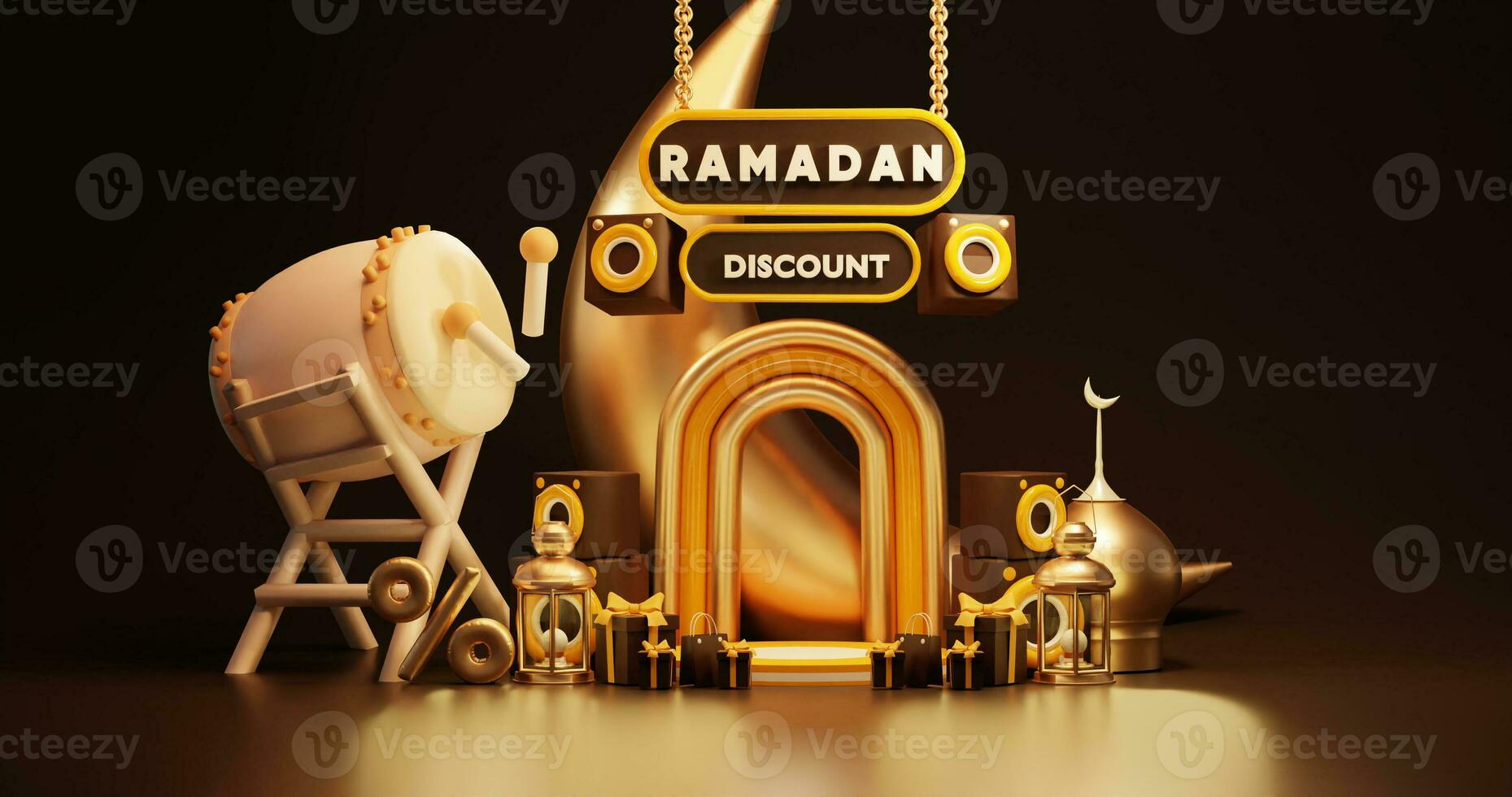 Ramadan sale background 3d render, with podium, lantern for greeting, banner, poster photo