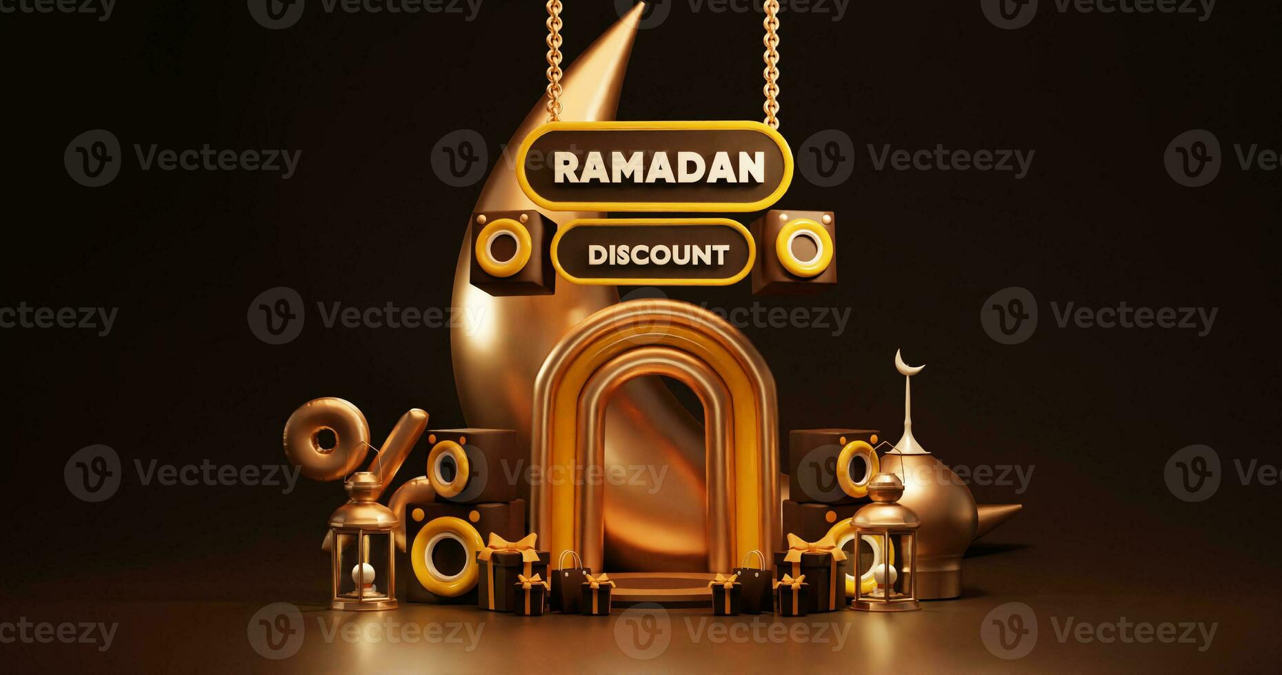 Ramadan sale background 3d render, with podium, lantern for greeting, banner, poster photo