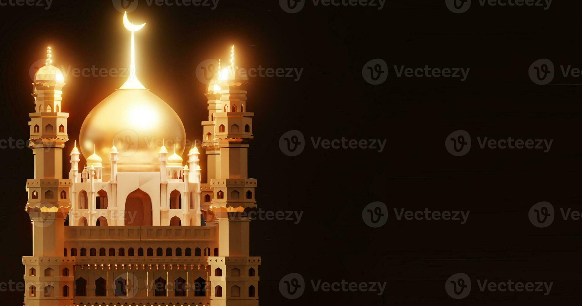 Golden 3D Mosque Illustration for Ramadan Greeting with copy space. 3d rendering photo