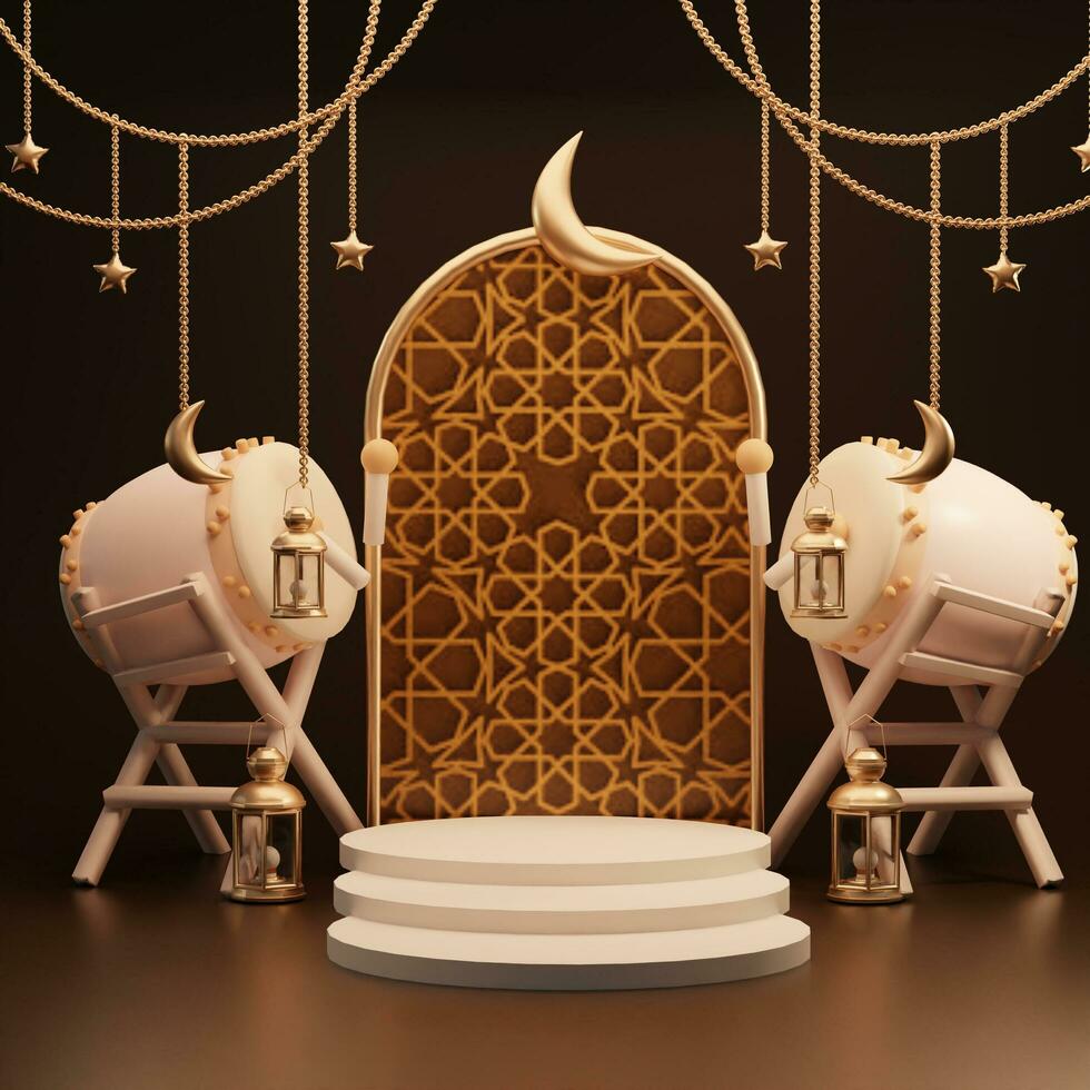 Islamic ramadan greeting card background with 3d traditional drum, star, arabian hanging lanterns. 3d rendering photo