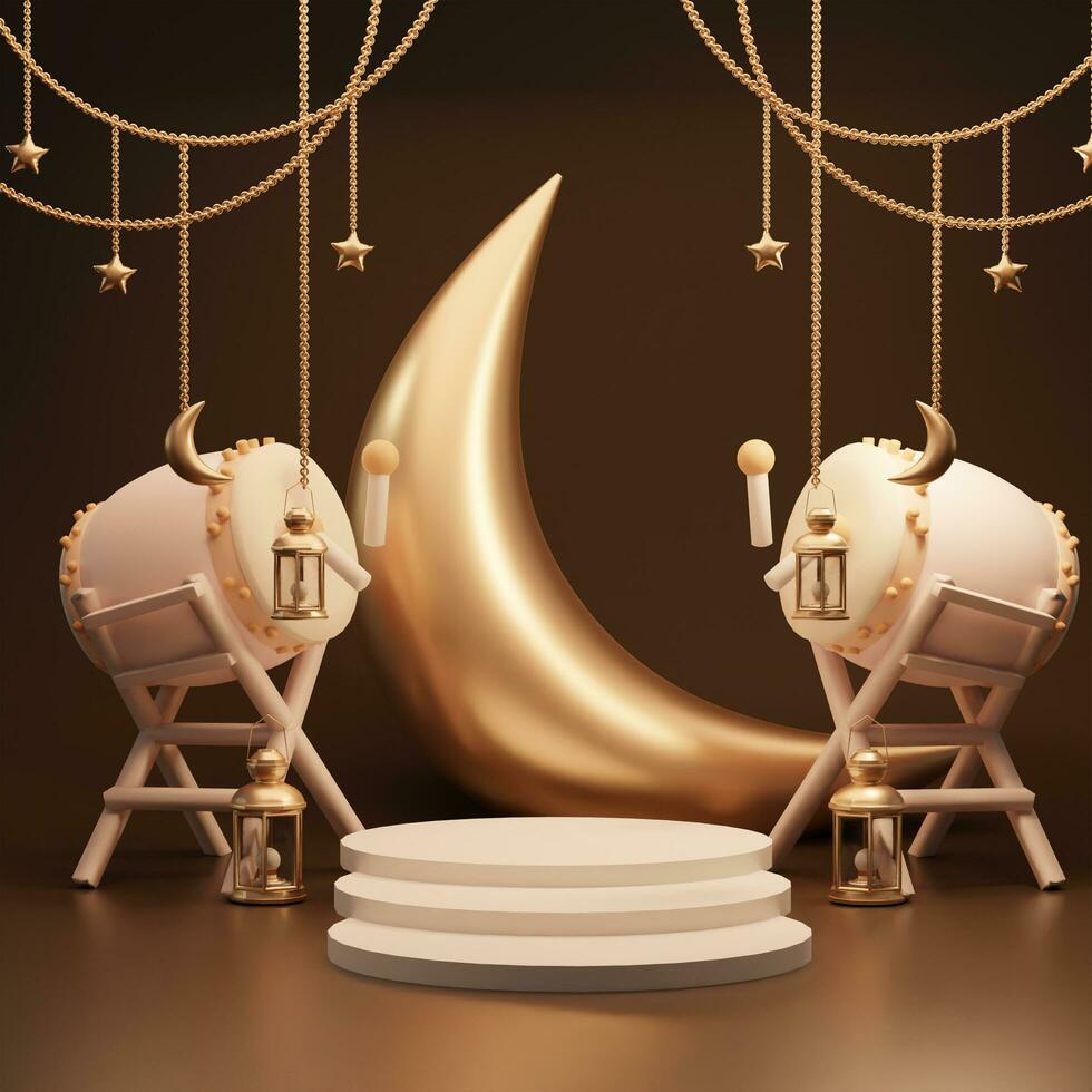 Islamic ramadan greeting card background with 3d traditional drum, star, arabian hanging lanterns. 3d rendering photo