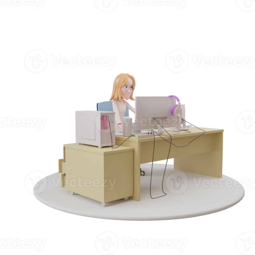 mujer de negocios trabajando en un computadora. trabajo en equipo. Lanza libre. buscar para empleados. 3d representación png