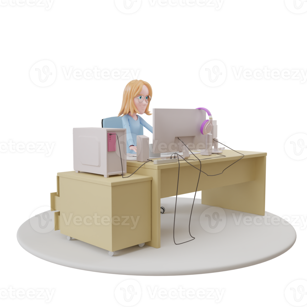 businesswoman working on a computer. Teamwork. Freelance. Search for employees. 3d rendering png