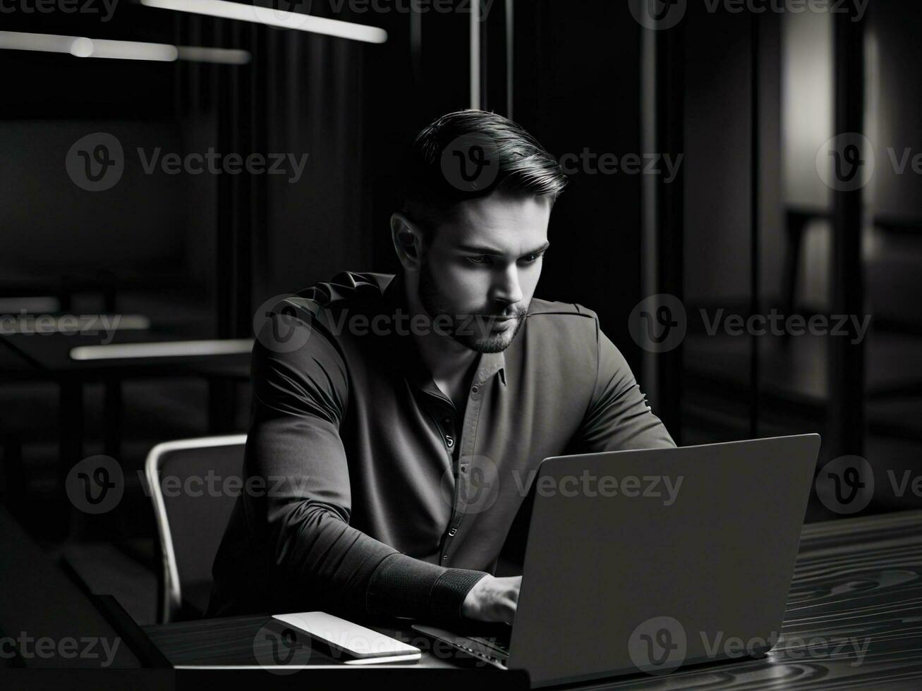 Black and white photo of Handsome businessman working with laptop in office. Business concept. Generative AI