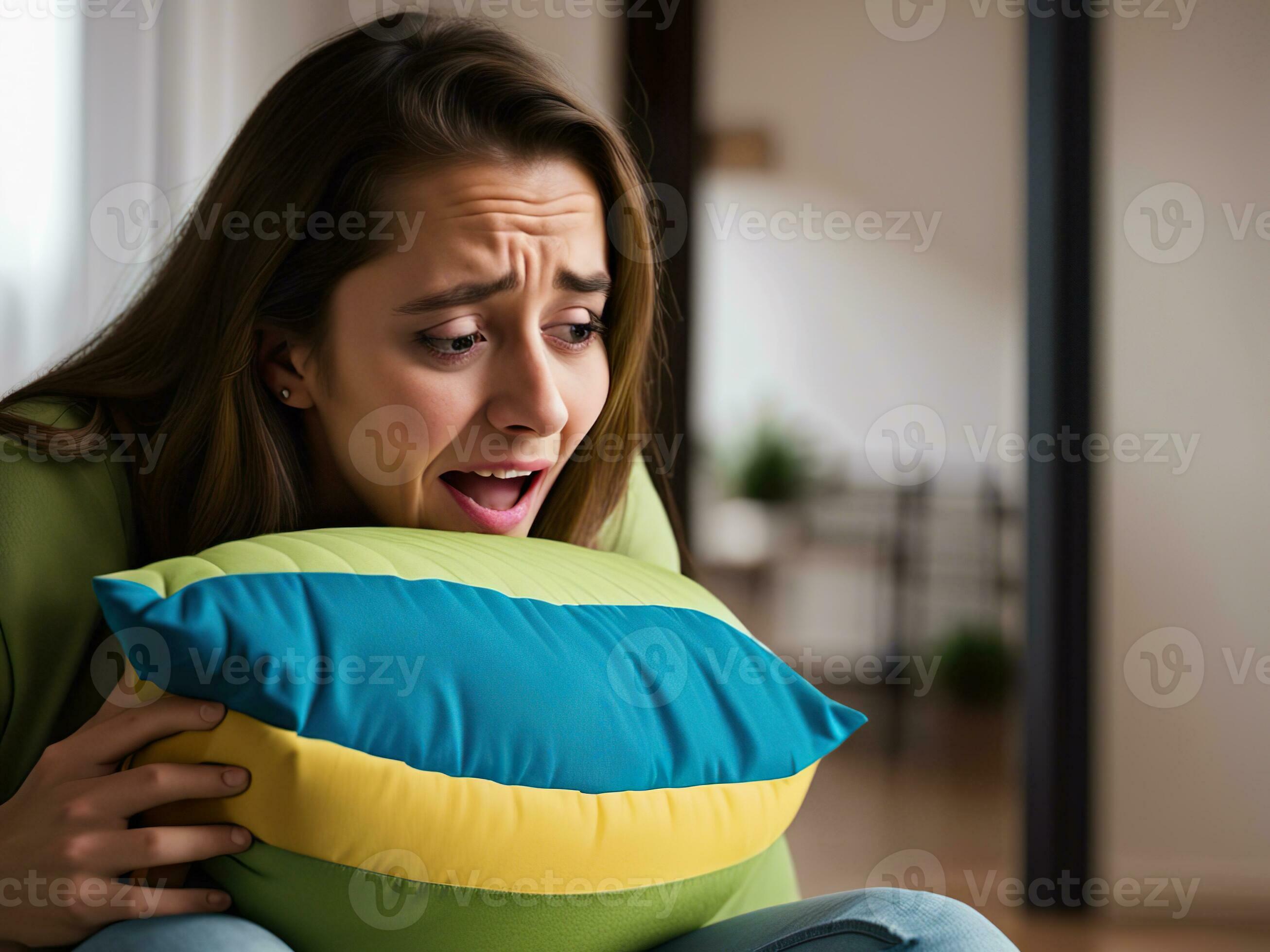 Portrait of scared young woman hugging pillow at home. Generative AI