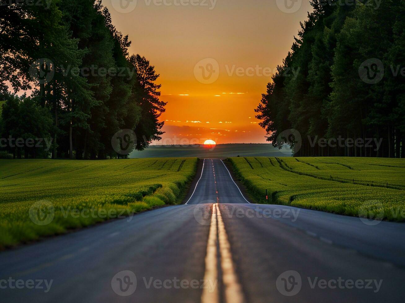 Sunset over the road through the field. Beautiful summer landscape. Generative AI photo