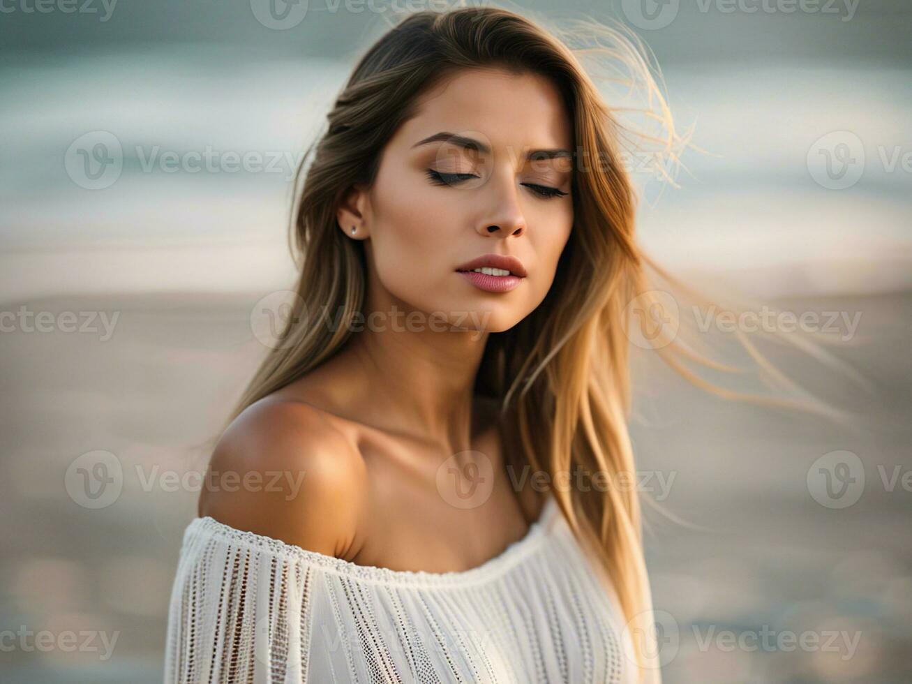 de cerca retrato de un hermosa joven mujer respiración en blanco vestir en el playa a puesta de sol tiempo. generativo ai foto