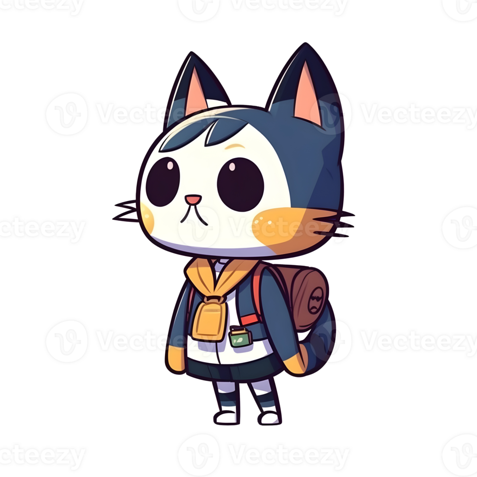 Cute cartoon cat in school uniform and backpack 26848289 PNG