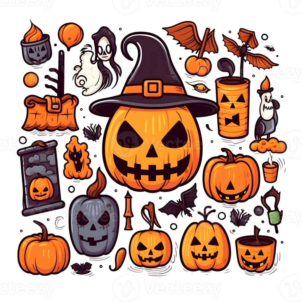 halloween element doodle icon set . png