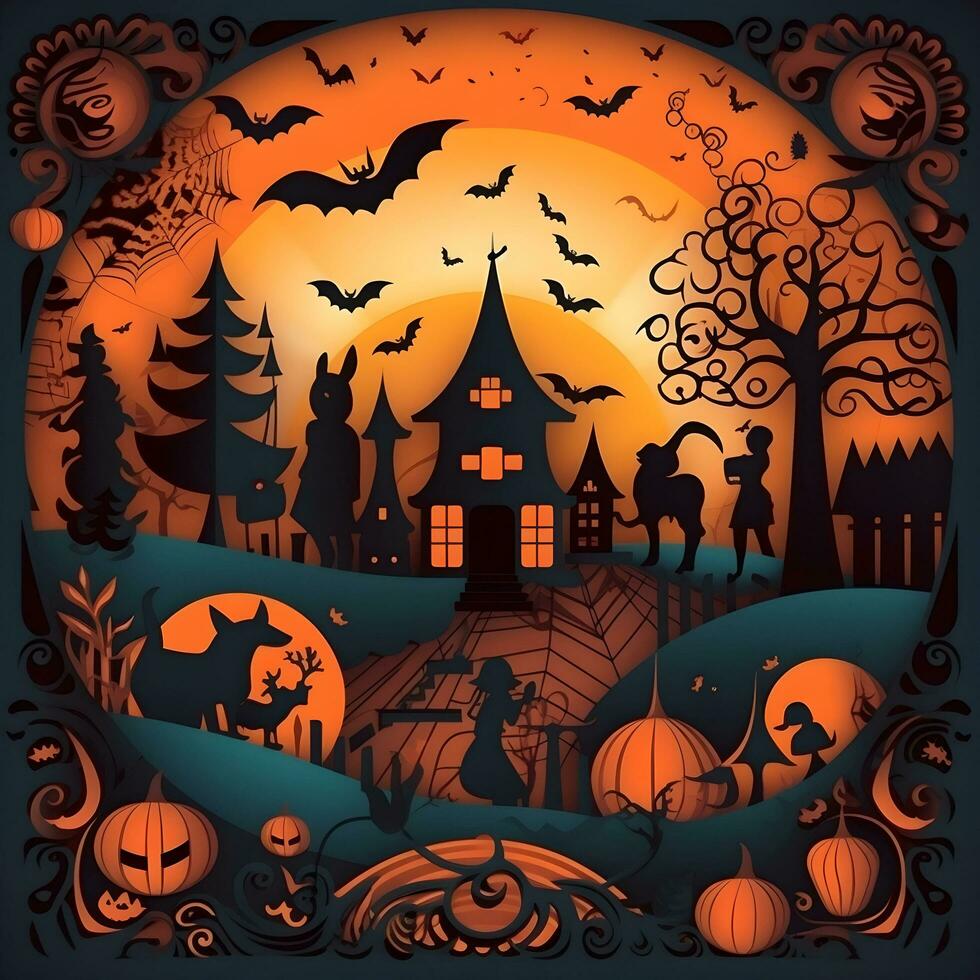 halloween paper art background generative AI. photo