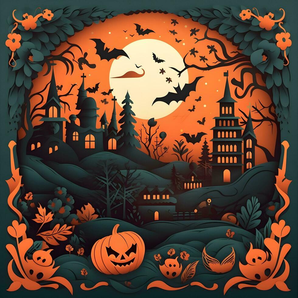 halloween paper art background generative AI. photo