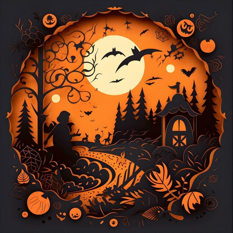 halloween paper art background generative AI. photo
