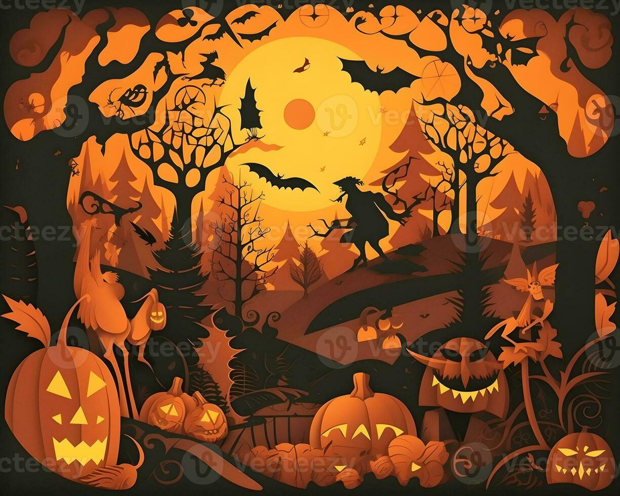 halloween paper art background generative AI. photo