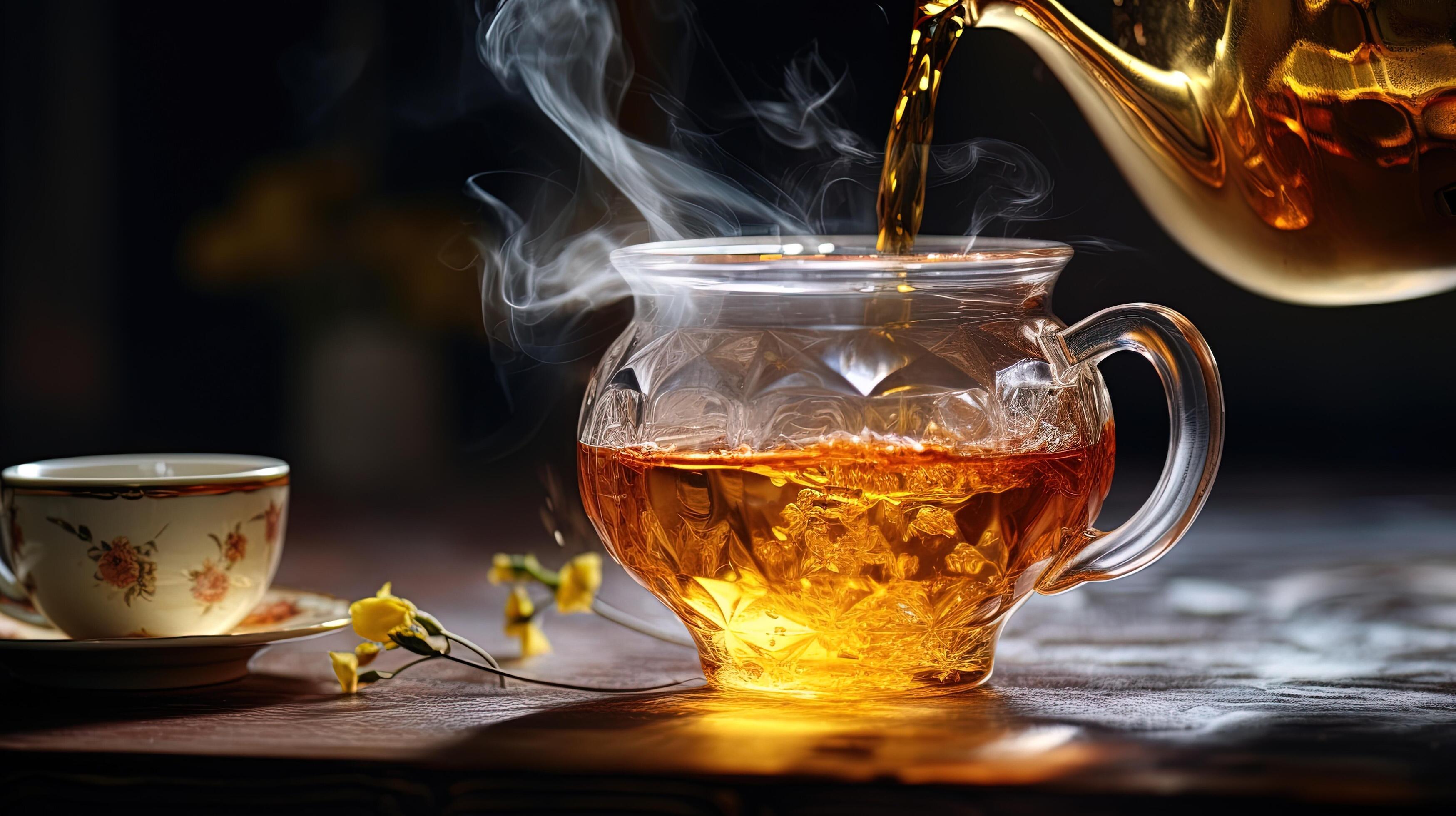 Photo of a glass teapot pouring tea into a glass mug on a marble table
