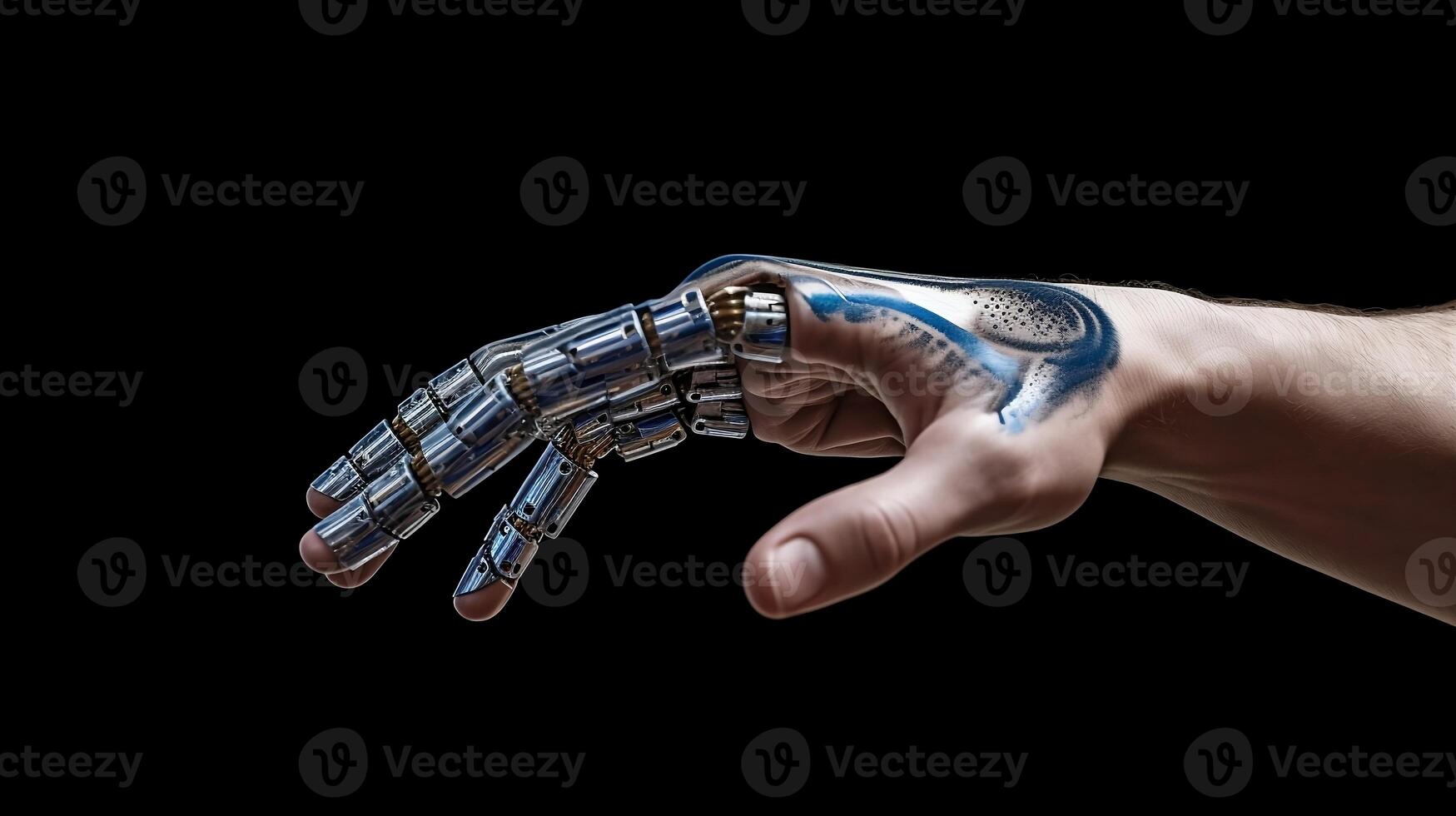 Artificial intelligence hand and people hand. photo