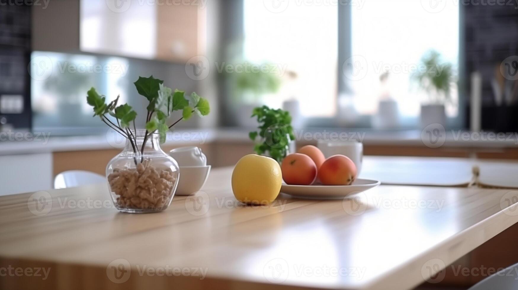 Fruits in plate on table on background of blurred contemporary kitchen. photo
