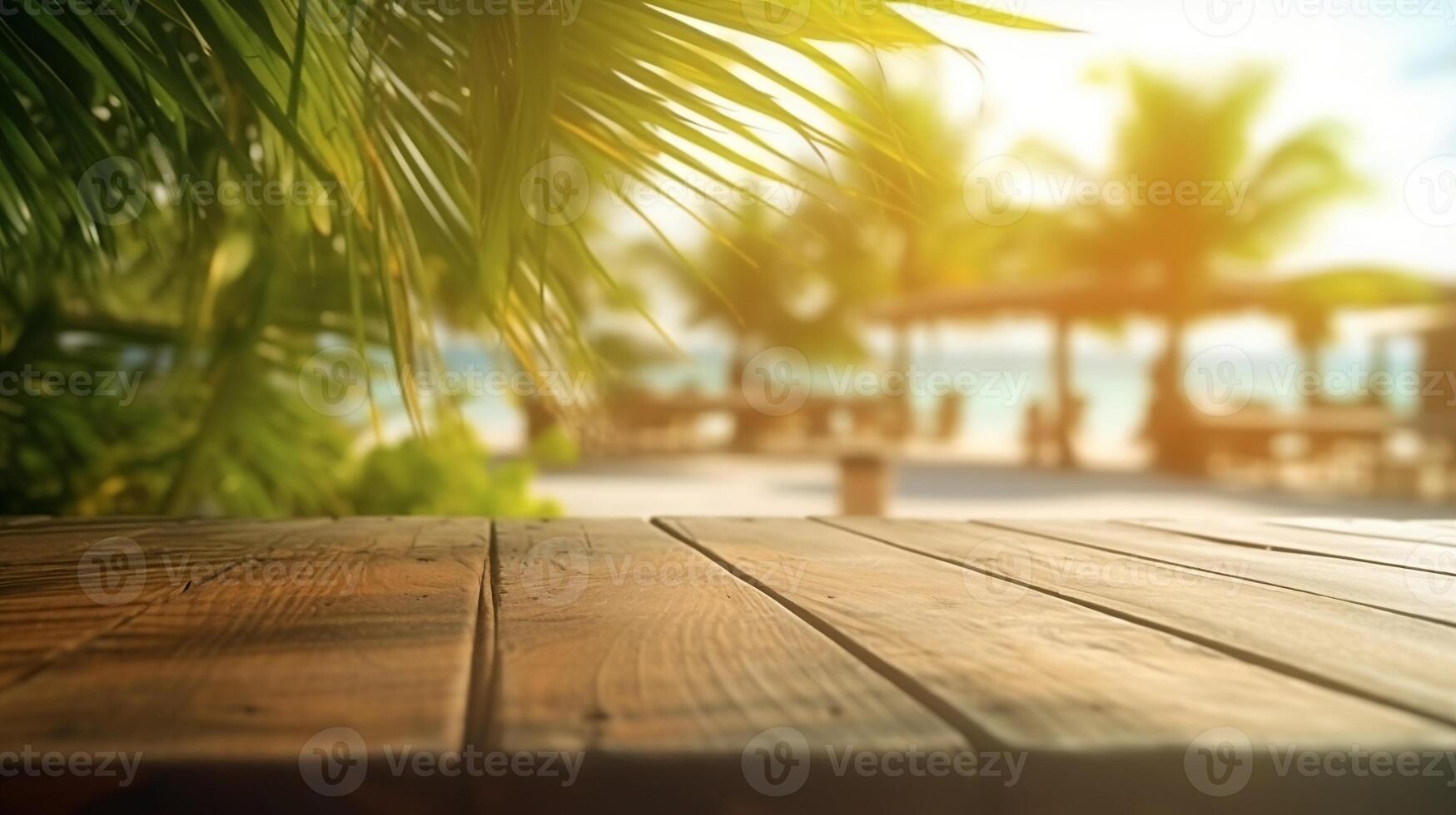 Empty wooden table for product display on sea beach blurred background. photo