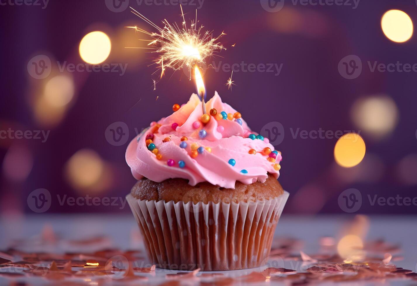 Birthday cupcake with a candle, pink cream and festive tinsel decoration on bright background with copy space. . photo