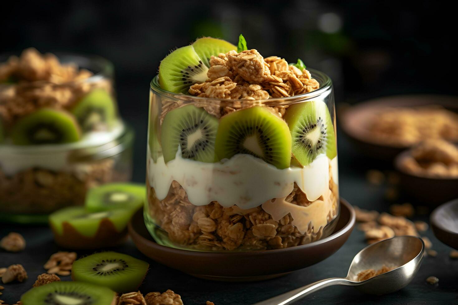 Yogurt granola parfait with sliced nuts and fresh kiwi fruits in a glass jar on dark background. Generative AI. photo