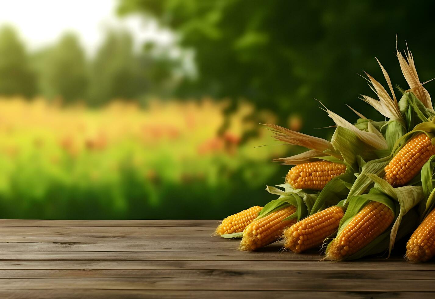 Wooden table with corn on cobs and free space on nature blurred background. Generated AI. photo