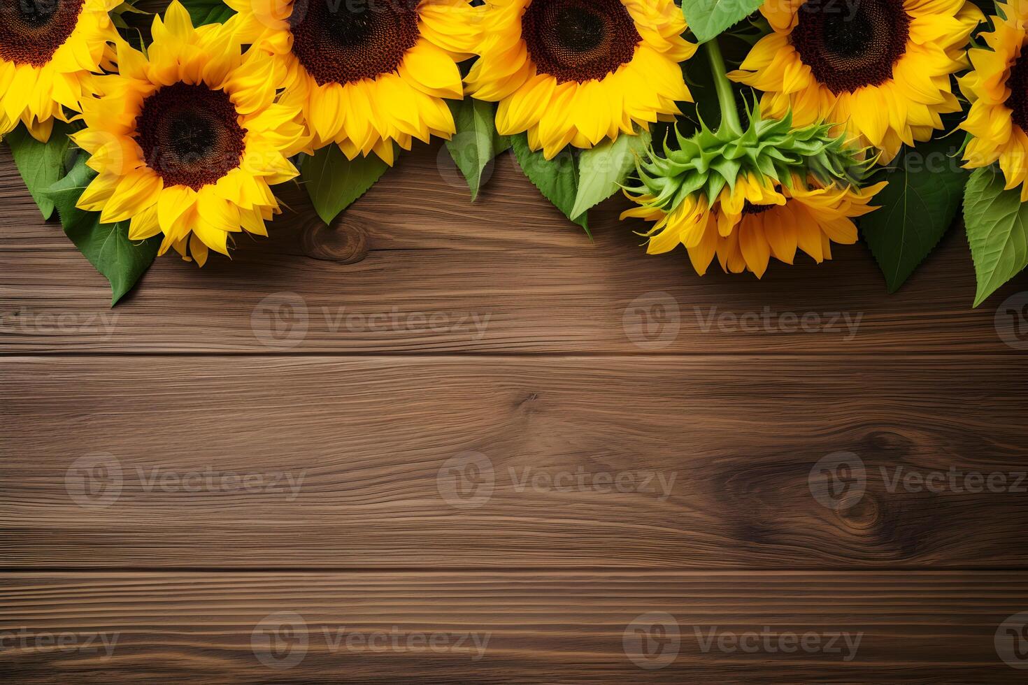 Sunflowers on wooden background. Valentine's, womens, mothers day, birthday or wedding, summer flowers flat lay. Top view. Copy space. Generated AI. photo