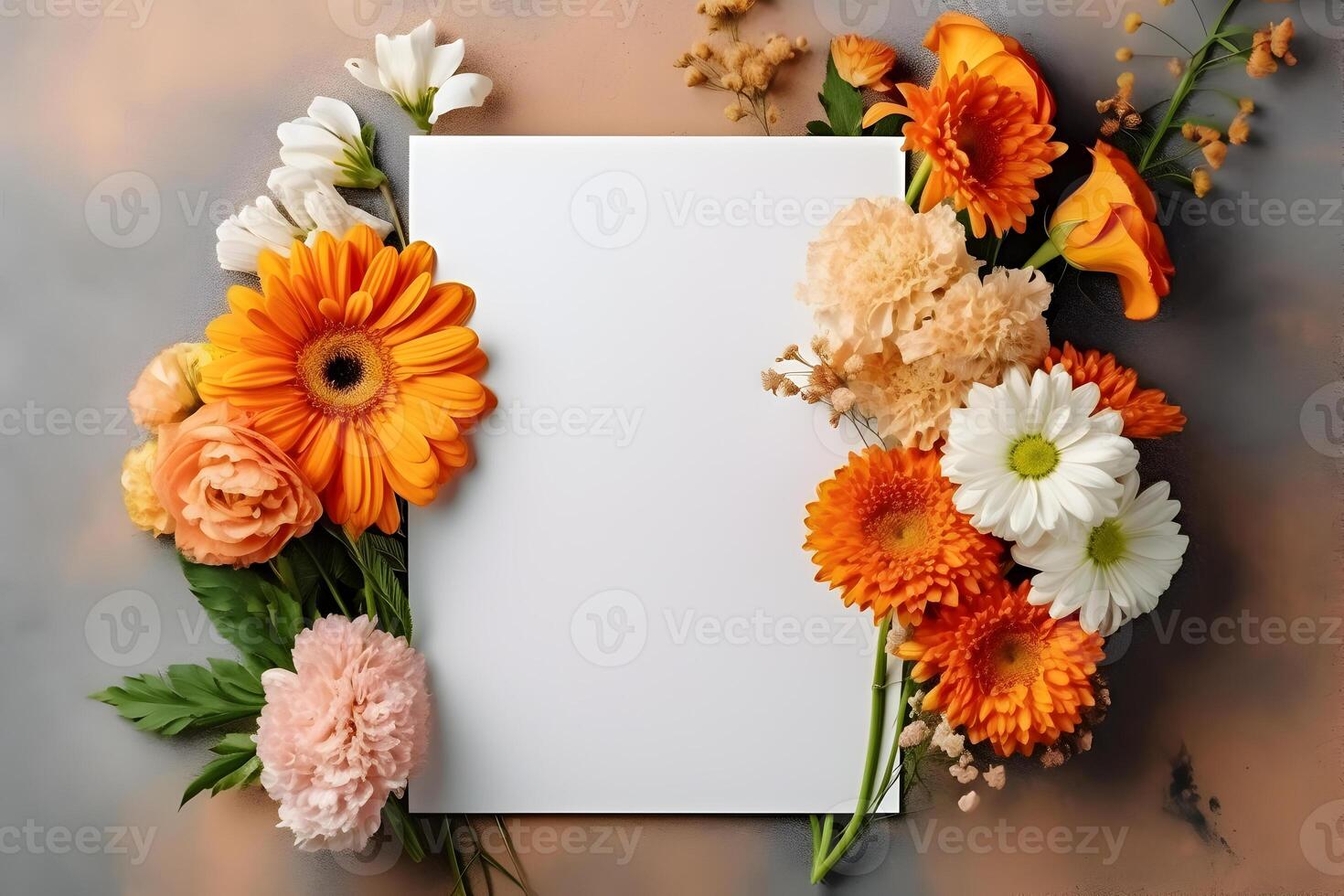 Blank greeting card mockup on concrete background with garden flowers. Summer flat lay composition. Top view with copy space. . photo